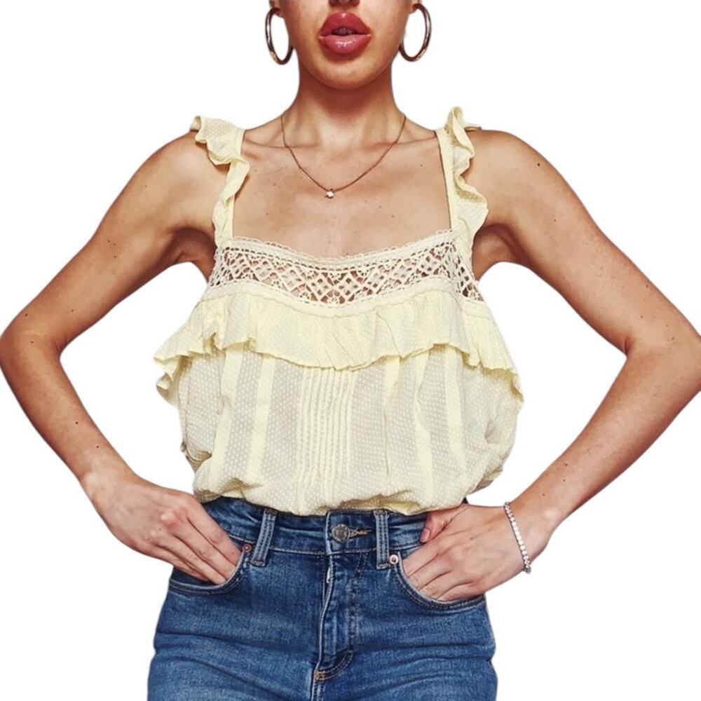 Free People Racerback Flutter Strap Crocheted Clip Dot Butter Yellow Tank, Xs